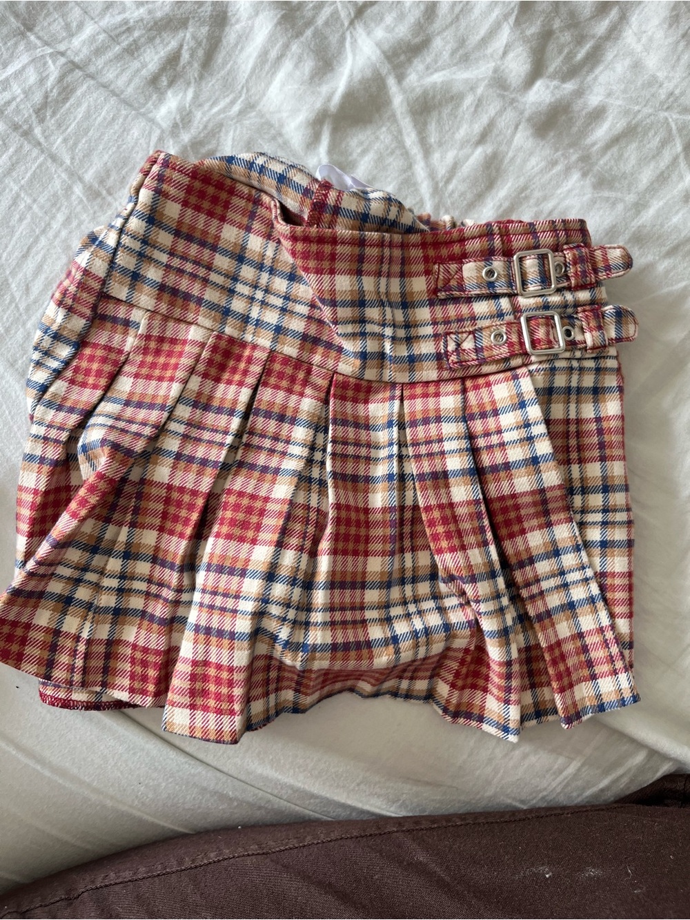 Zara Red and Cream Plaid Pleated Mini Skirt with Double Buckles